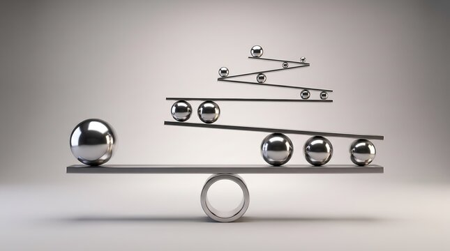 Financial risk management and business balance concept with balancing metal spheres on seesaw scale