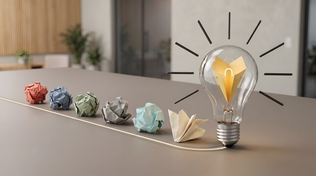 Startup launch strategy concept featuring crumpled paper evolving into an origami paper plane inside a glowing lightbulb for business brainstorming