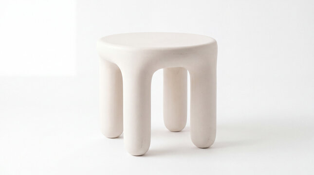 Minimal ceramic stool with a round top and four stubby legs in a light neutral tone, set against a plain white background