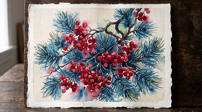 Original Watercolor Painting of Red Berries and Blue Pine Needles on Deckled Paper