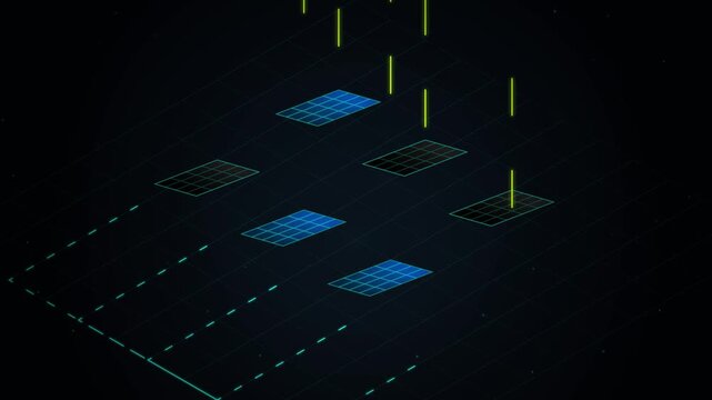 Abstract isometric digital data grid representing server architecture and high-speed information flow on a dark background