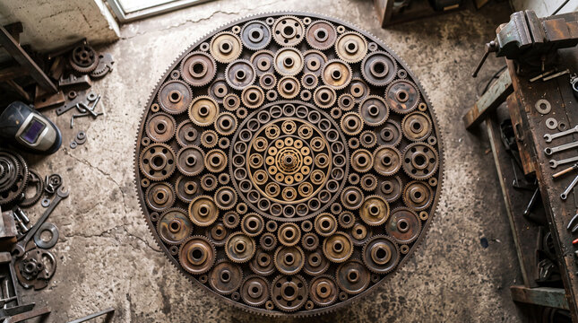 Intricate circular pattern of recycled metal gears displayed on a table in a workshop with natural light