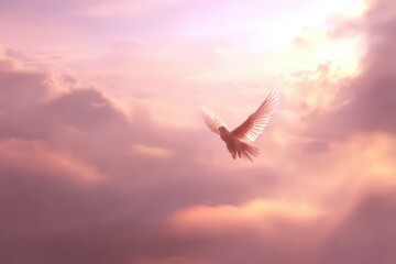 Fototapeta premium Majestic Bird Soaring Through Soft Pastel Clouds Under Golden Sunlight