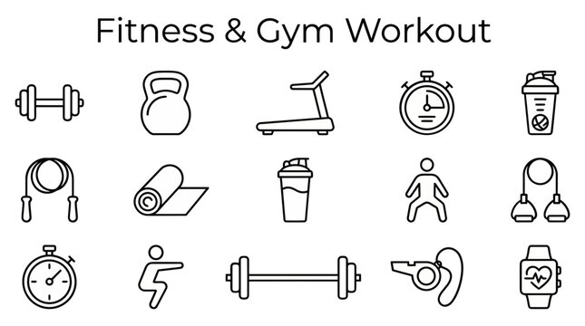 A collection of 15 black lineart icons representing gym equipment and workout activities on a white background