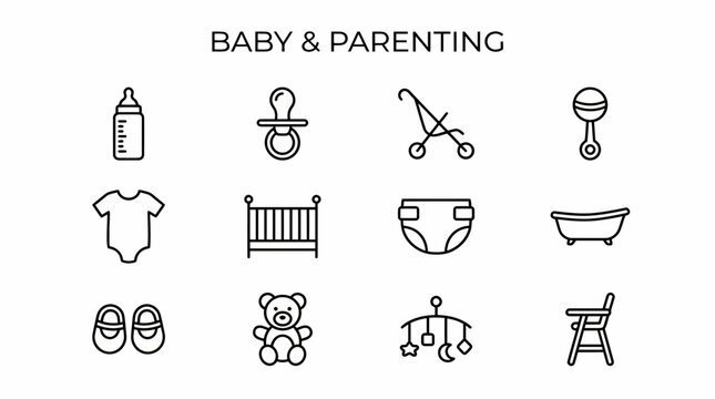 A 3x4 grid of minimalist black lineart icons representing baby and parenting items on a white background