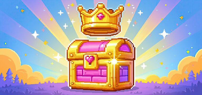 A glowing treasure chest topped with a pixel art golden crown against a colorful fantasy backdrop.