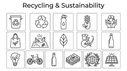Fototapeta premium Grid of fifteen black and white line art icons depicting ecofriendly themes under the heading Recycling Sustainability