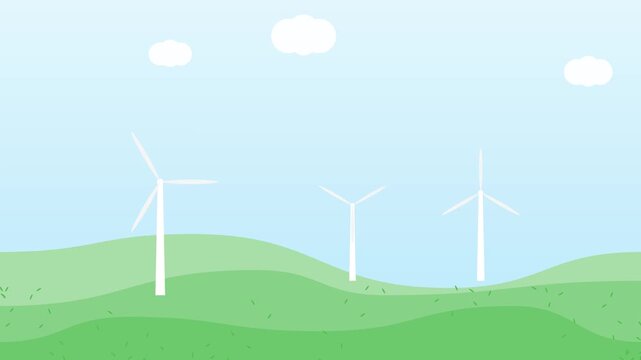 Minimalist Illustration of Wind Turbines on Green Rolling Hills for Renewable Energy and Sustainability