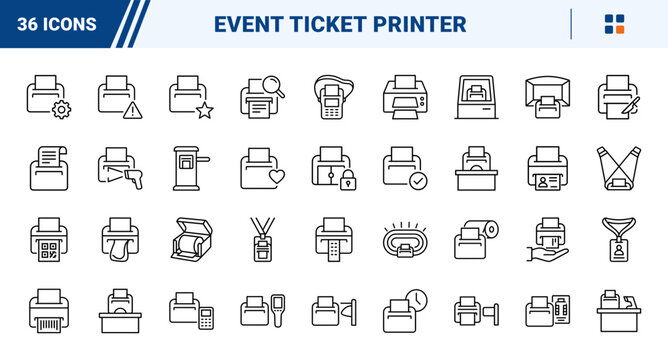 Ticket Printer Event Ticket Printing Web Icon Set in Linear Style. Collection of admission kiosk line icons, including ticket printer, paper roll, entry pass, wristband print, venue entry and more.