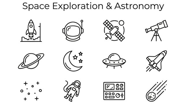 Twelve black lineart icons arranged in a 3x4 grid representing space exploration and astronomy symbols