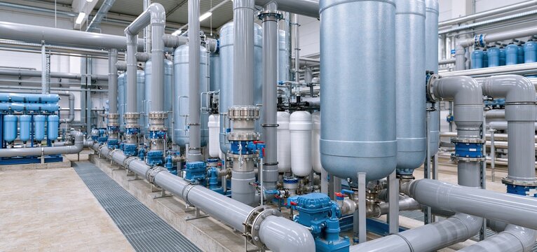 Close-up of industrial water purification system featuring ion exchange columns and activated carbon filters.