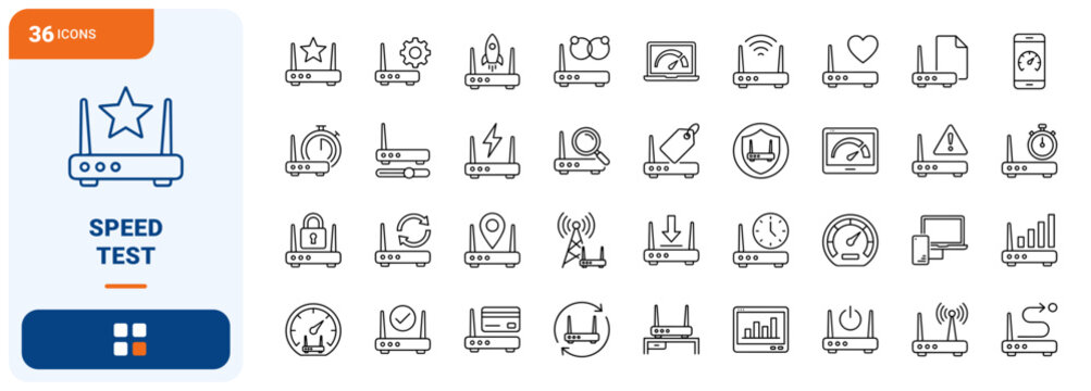 Modem Speed Test Web Icon Set in Linear Style. Collection of Network Benchmark line icons, including signal gauge, upload speed, latency check, signal bars, route test, wifi tower, and more.