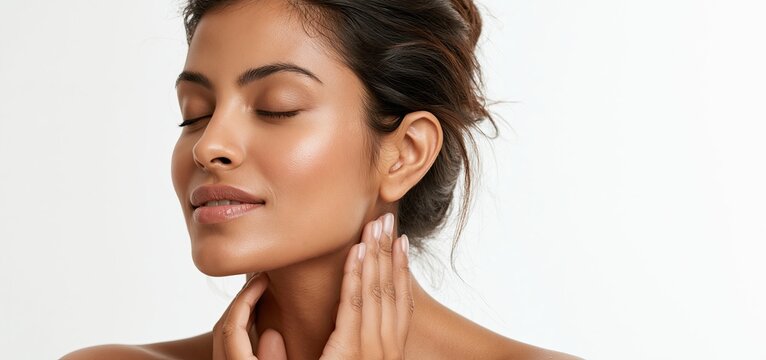 An Indian woman with radiant skin enjoys a calming facial treatment in a modern, bright spa environment.