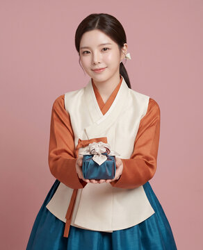 보자기 선물을 든 주황 한복 여성 / Woman in Orange Hanbok Holding a Wrapped Gift