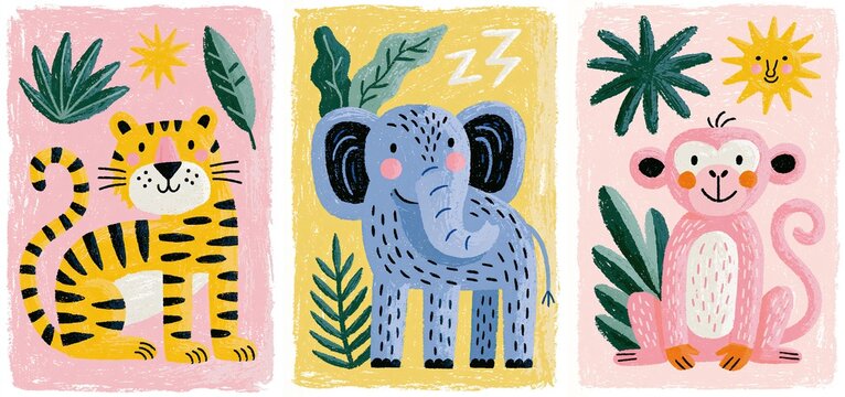 Children's animal doodles of tiger, elephant, and monkey in bright, cheerful designs for playful room decor.
