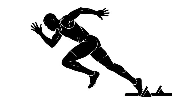 Muscular sprinter dashes forward from starting blocks in this bold black and white graphic vector illustration
