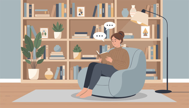 Girl relaxing in cozy armchair reading book in front of large wooden bookshelf under warm lamp light in living room.