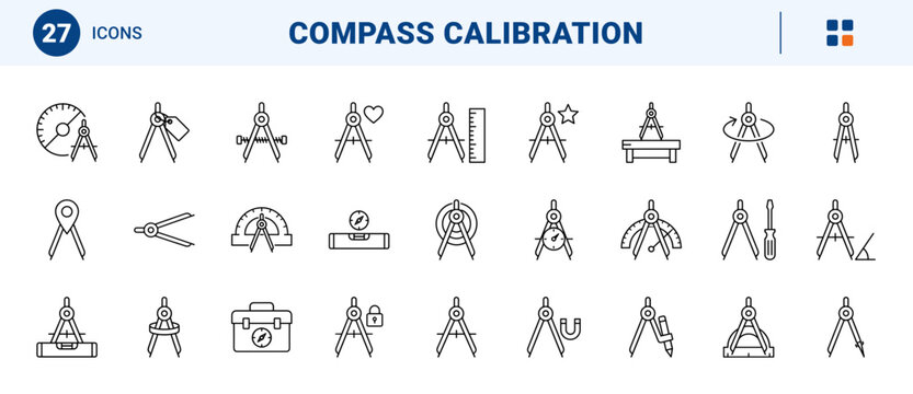 Compass Calibration Web Icon Set in Linear Style. Collection of Drafting Precision line icons, including drafting compass, angle gauge, adjustment bar, protractor arc, spirit level and more.