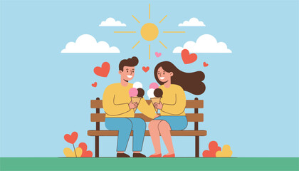 Fototapeta premium Romantic young couple enjoying a lovely date together on a park bench while eating delicious ice cream cones.