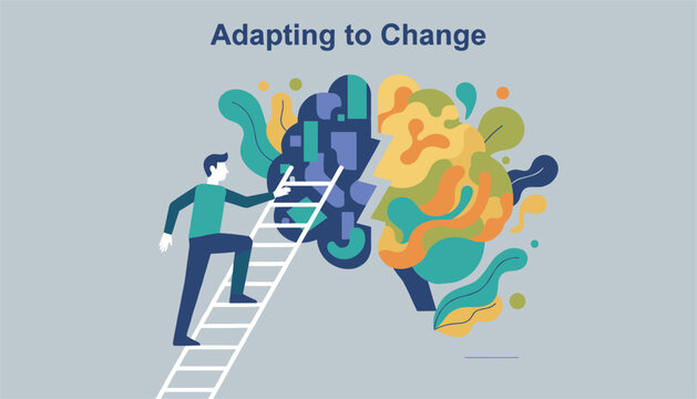 Concept of adapting to change with man climbing ladder to access different colorful hemispheres of human brain.