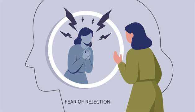 Mental health concept illustrating fear of rejection with woman looking at her reflection with lightning bolts.