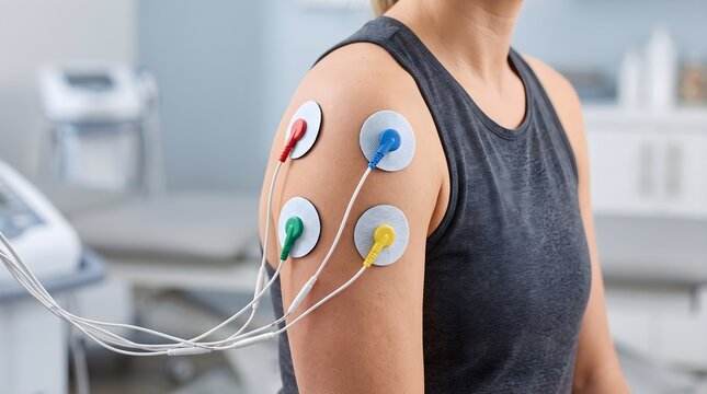 Patient shoulder with electrodes for electrical muscle stimulation therapy