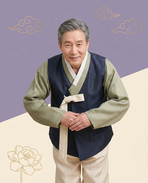 한복을 입고 정중히 인사하는 노년 남성 / Senior Man Greeting Respectfully in Hanbok