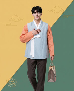 한복을 입고 쇼핑백을 든 젊은 남성 / Young Man in Hanbok Holding a Shopping Bag