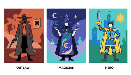 Fototapeta premium Character design cards detailing archetypes of a western outlaw, magical sorcerer, and medieval royal hero.