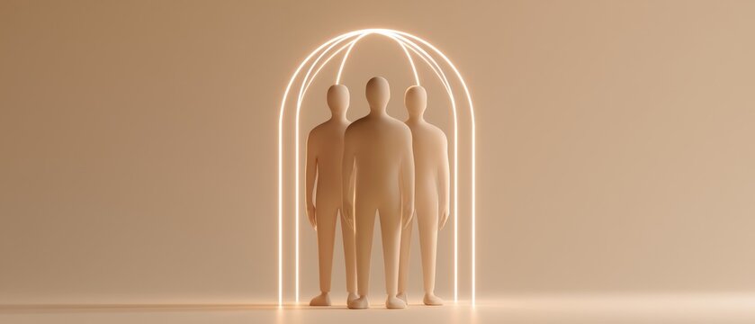 Figures stand together in an archway of light in a simple setting, showing unity and connection among them