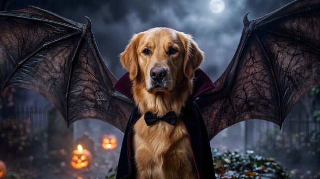 Cute golden retriever dressed in vampire costume with bat wings for halloween