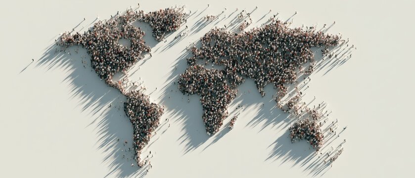 Crowd shapes world map in a creative display during a large gathering in an open space