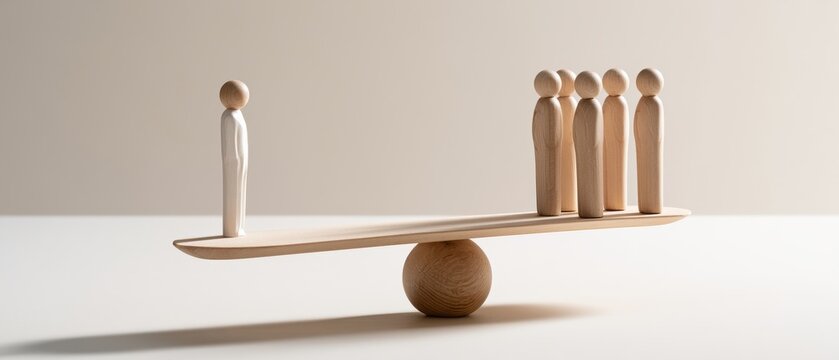 Balance between one figure and five figures on a wooden seesaw
