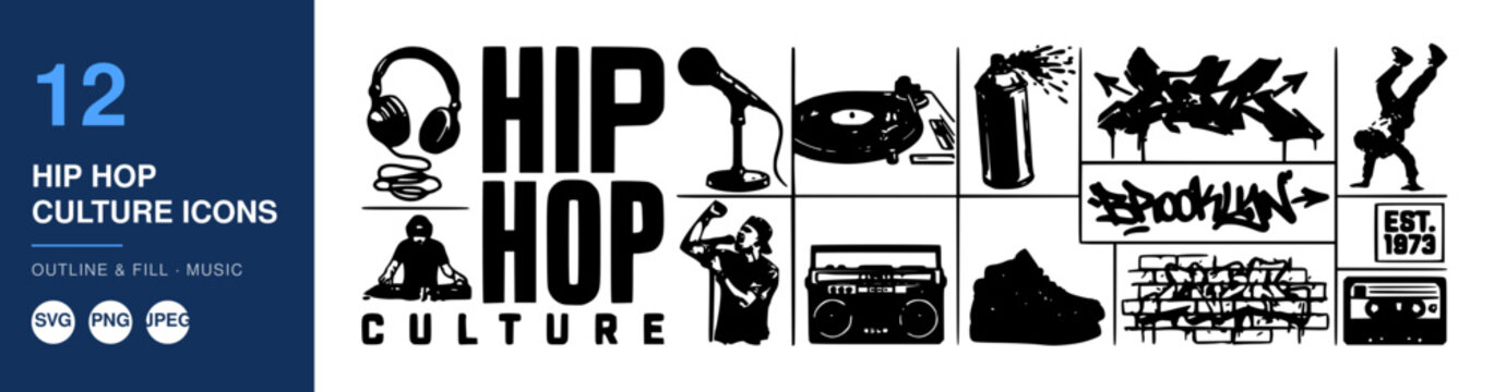 Twelve Hip Hop Culture Icons in Monochrome Design Illustration Featuring Vector, Art, Music with Rap and Dj Elements