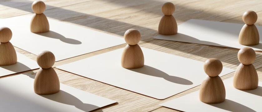 People made of wood placed on paper sheets inside a bright room during daylight