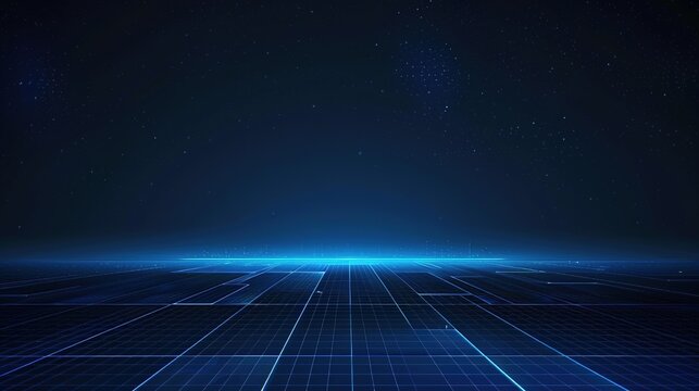 AI launch poster background, glowing blue wireframe grid, dark navy gradient sky, copy space