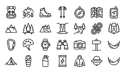 Fototapeta premium Hiking and backpacking adventure outline icon collection featuring mountain trails camping equipment navigation gear climbing and wilderness travel