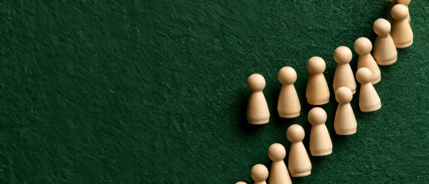 Wooden figures arranged on a green background during a creative activity