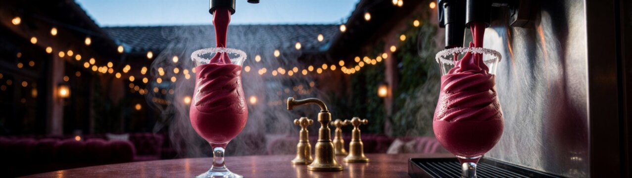 Two pink frozen cocktails being dispensed at outdoor bar counter