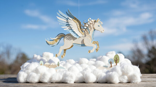 Pegasus paper craft floats above a bed of cotton clouds against a bright blue sky background.