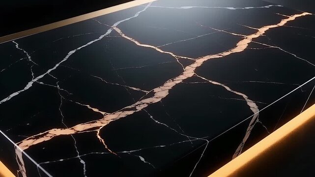 Dynamic Black Marble Surface with Glowing and Metallic Gold Veins Abstract Luxury Background.