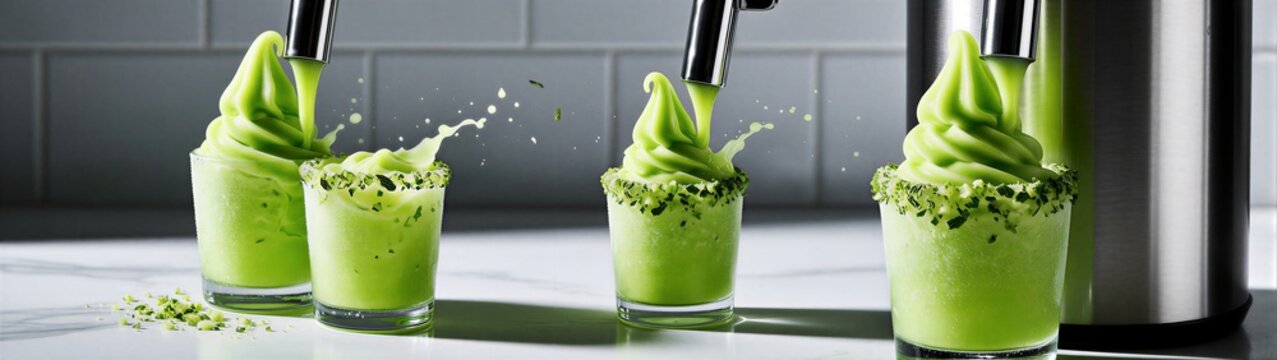 Matcha soft serve being dispensed into glass cups