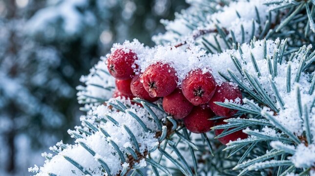 Close Up of Frost Covered Red Berries and Blue Spruce Pine Needles in Winter
