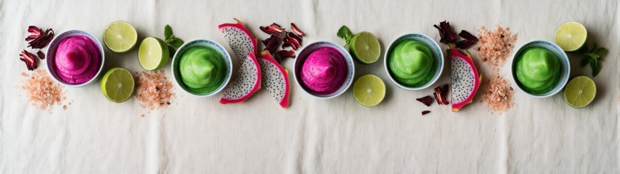 Assorted fruit sorbets arranged with lime and dragon fruit