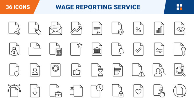 Payroll Report Wage Reporting Web Icon Set in Linear Style. Collection of Salary Accounting line icons, including wage document, tax envelope, recurring payroll, sign off, report check and more.