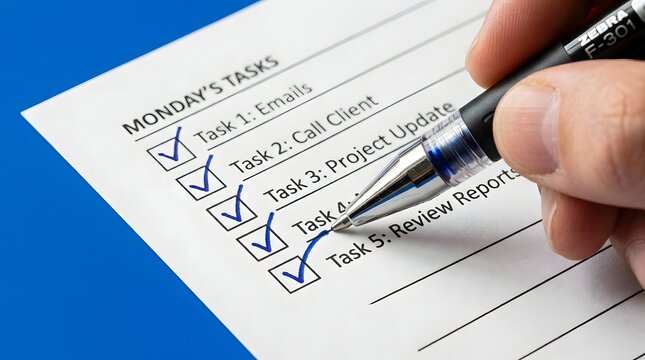 Closeup of a hand using a pen to check off tasks on a monday todo list on a blue background