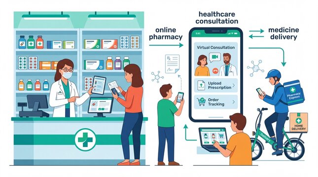 Doctor and Nurse Using Computer Technology in Hospital with Patient Medical Team Healthcare Communication Digital Network Vector Illustration