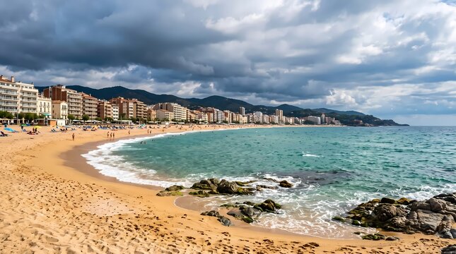 Coastal Beach Resort. Sandy Mediterranean Shoreline and Turquoise Sea. Seaside Vacation Destination. Scenic Landscape Photography