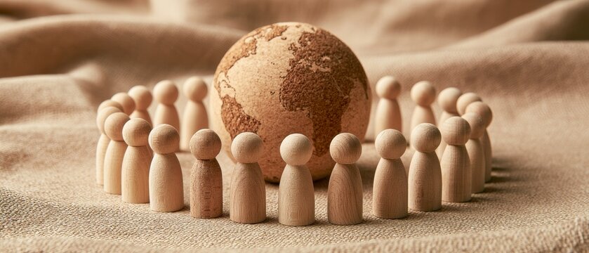 Group of wooden figures surrounding a globe on a textured surface