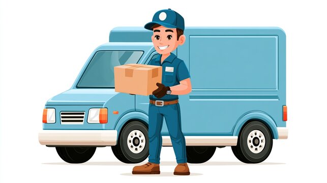 Delivery Driver with Package Next to Blue Van Cartoon Style